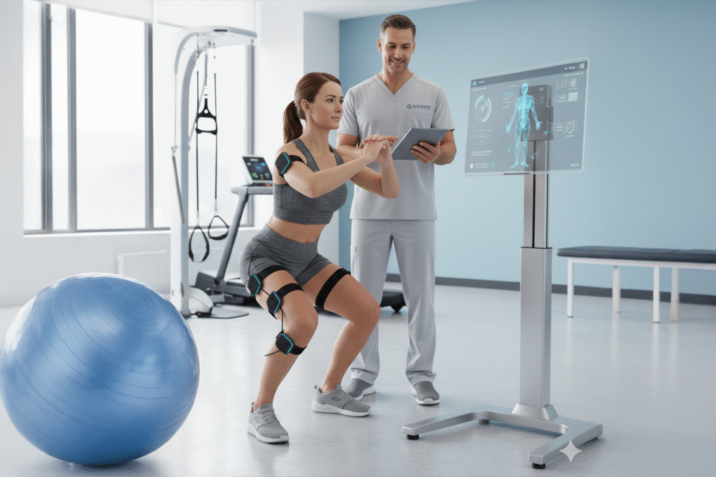 Physical therapist guiding a patient through personalized recovery exercises with wearable sensors and smart technology, representing 2025 physical therapy innovations.