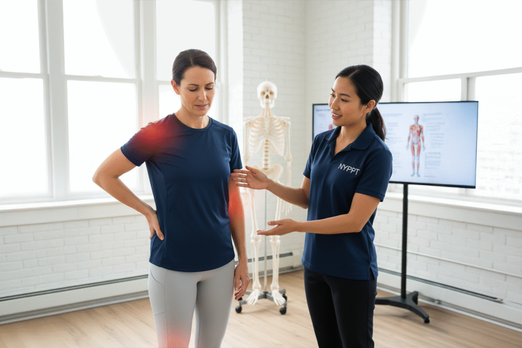 Person showing physical pain warning signs relieved by physical therapy at NYPPT Manhattan.