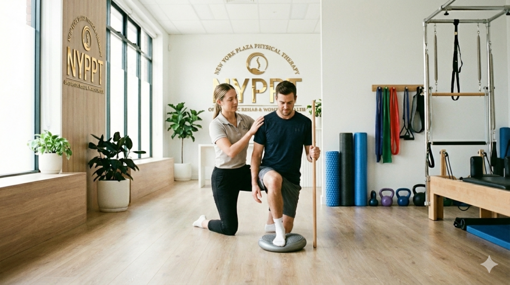 Adult receiving a posture and mobility screening from a physical therapist, showing signs you may need PT before injury.