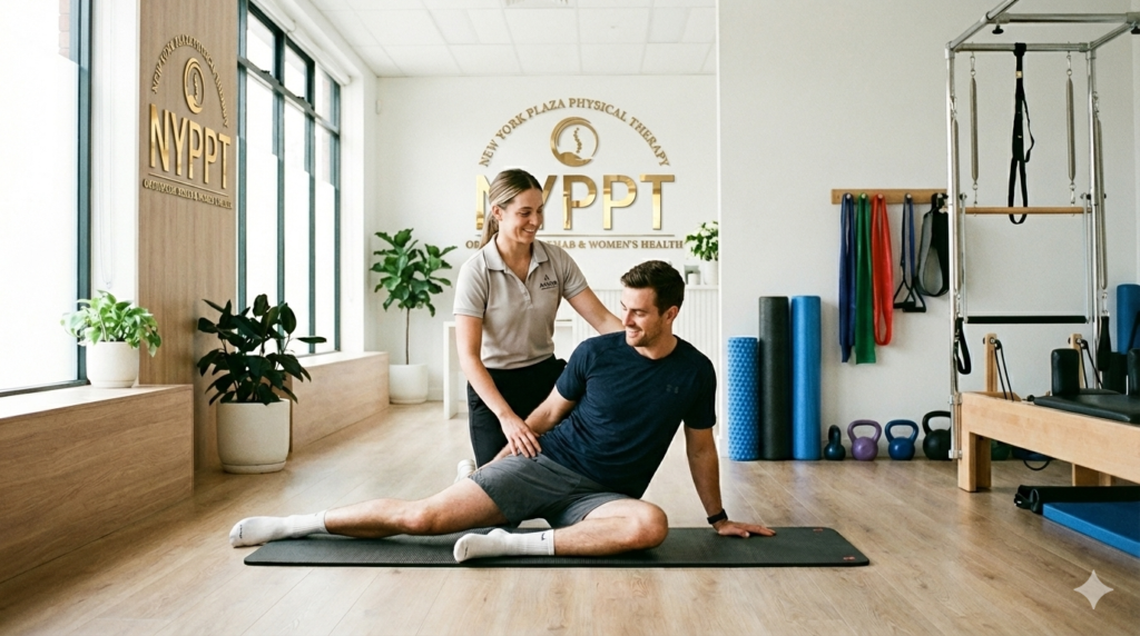 Physical therapist guiding a proactive adult patient through a mobility routine in a clean, modern clinic — showing physical therapy as preventative care.