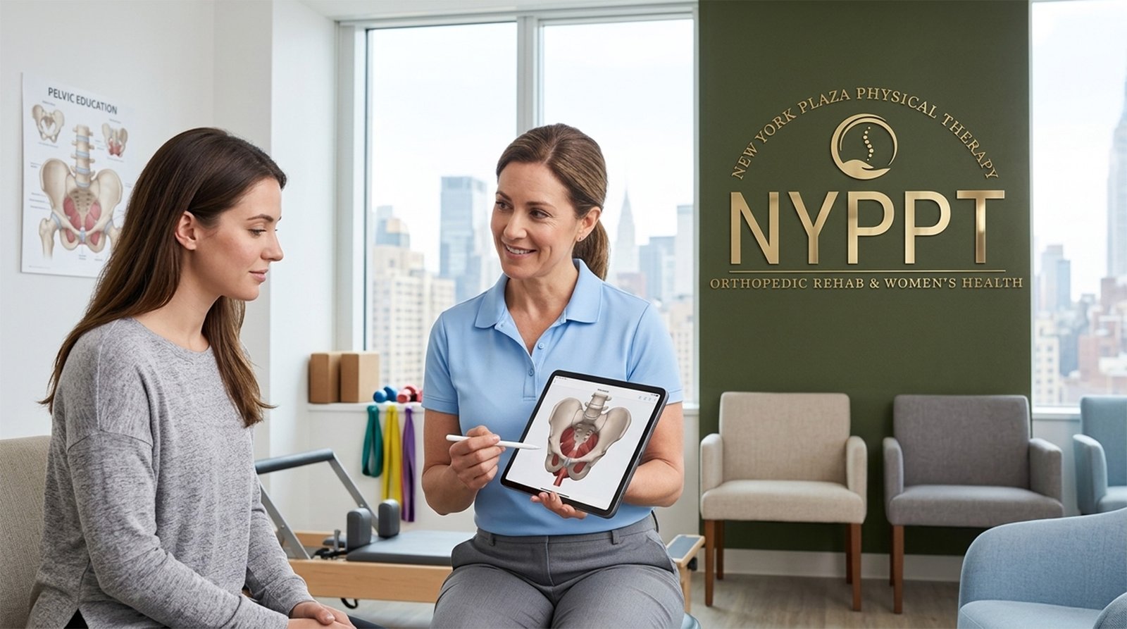 Woman receiving pelvic floor physical therapy in Manhattan for PMOS and endometriosis pain treatment
